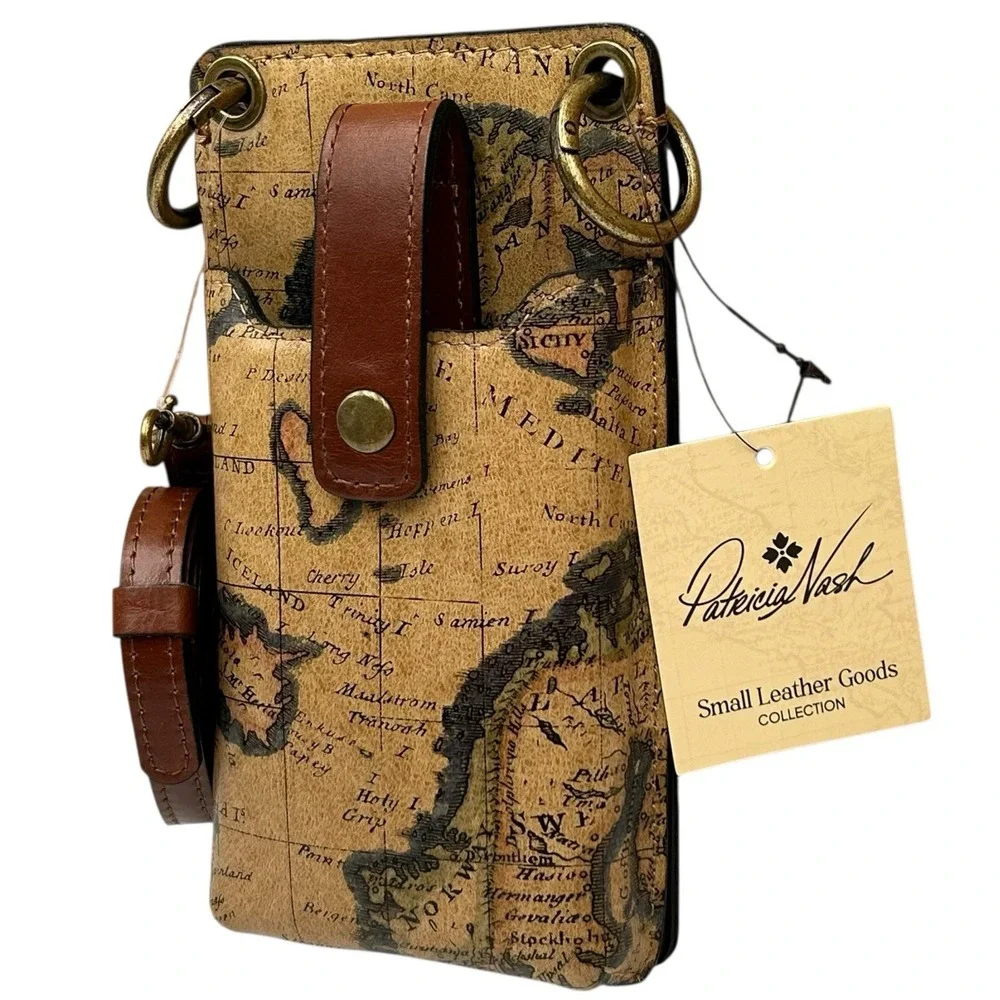 Patricia Nash Farleigh Leather Crossbody Phone Case European Map Print Brown Tan